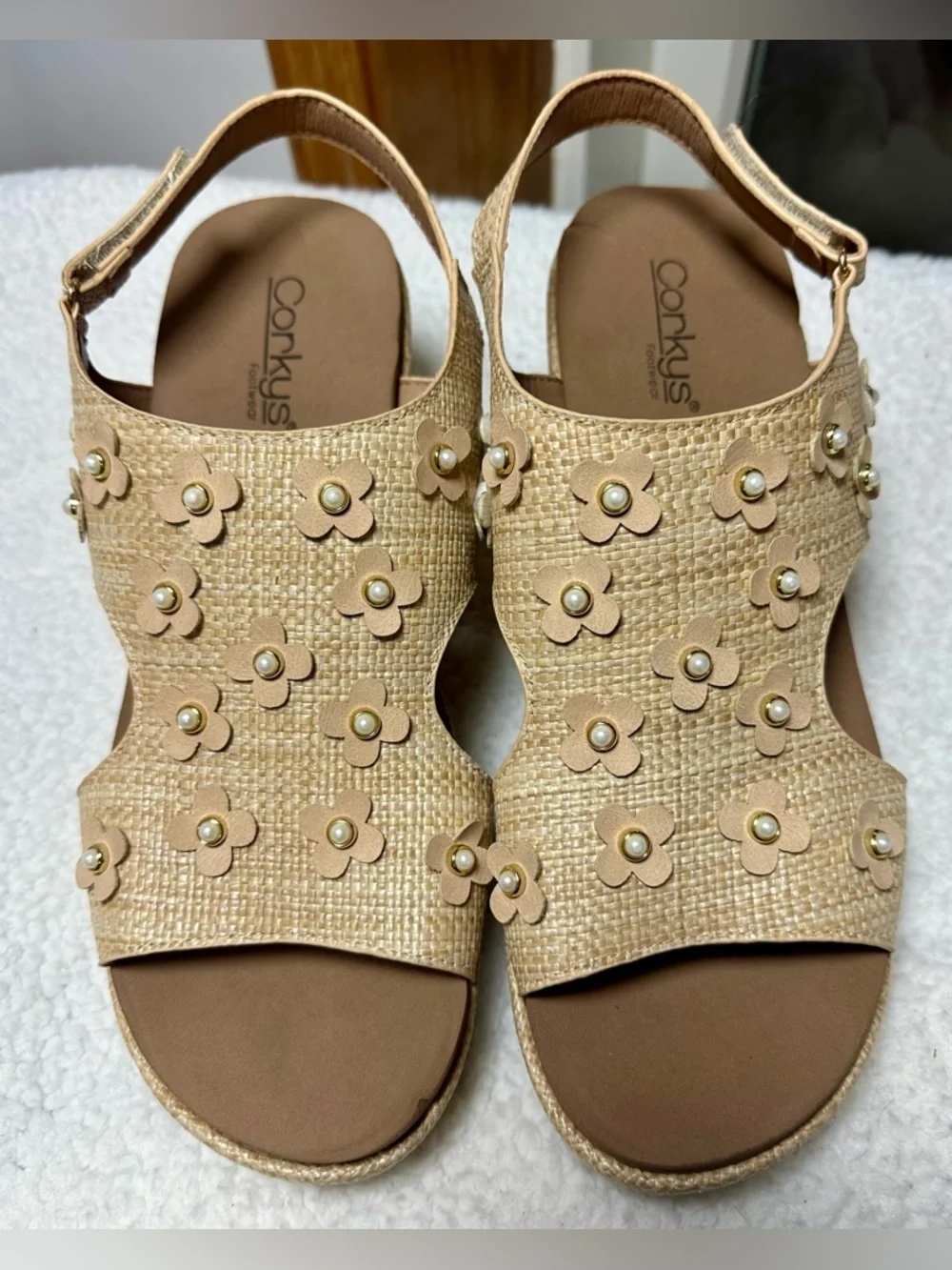 Corkys Women's Carley Raffia Floral Slingback Wedge Sandal size 11